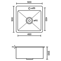 GFFRANK 50502 Мойка врезная 50х50 см, толщина 2,0 х 0,6 мм, глубина 200 мм + большой сифон с переливом зливом, шаровый