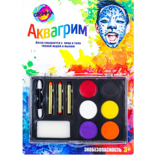 GRIMMA Набор аквагрима для детей 6 цветов, карандаш 3шт, спонж 1шт, аппликатор 1шт КС-4626 ПП-00188767