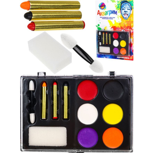 GRIMMA Набор аквагрима для детей 6 цветов, карандаш 3шт, спонж 1шт, аппликатор 1шт КС-4626 ПП-00188767